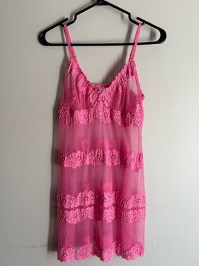 Blush Hot Pink Sheer Lace Chemise/Dress/Lingerie Gown/Slip